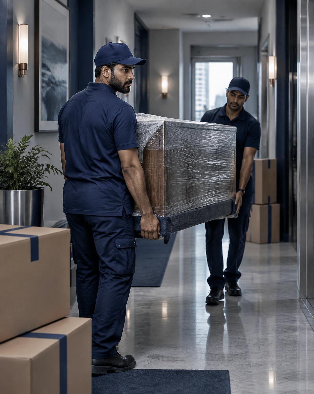 Home Route movers carrying a wrapped cabinet through an apartment corridor