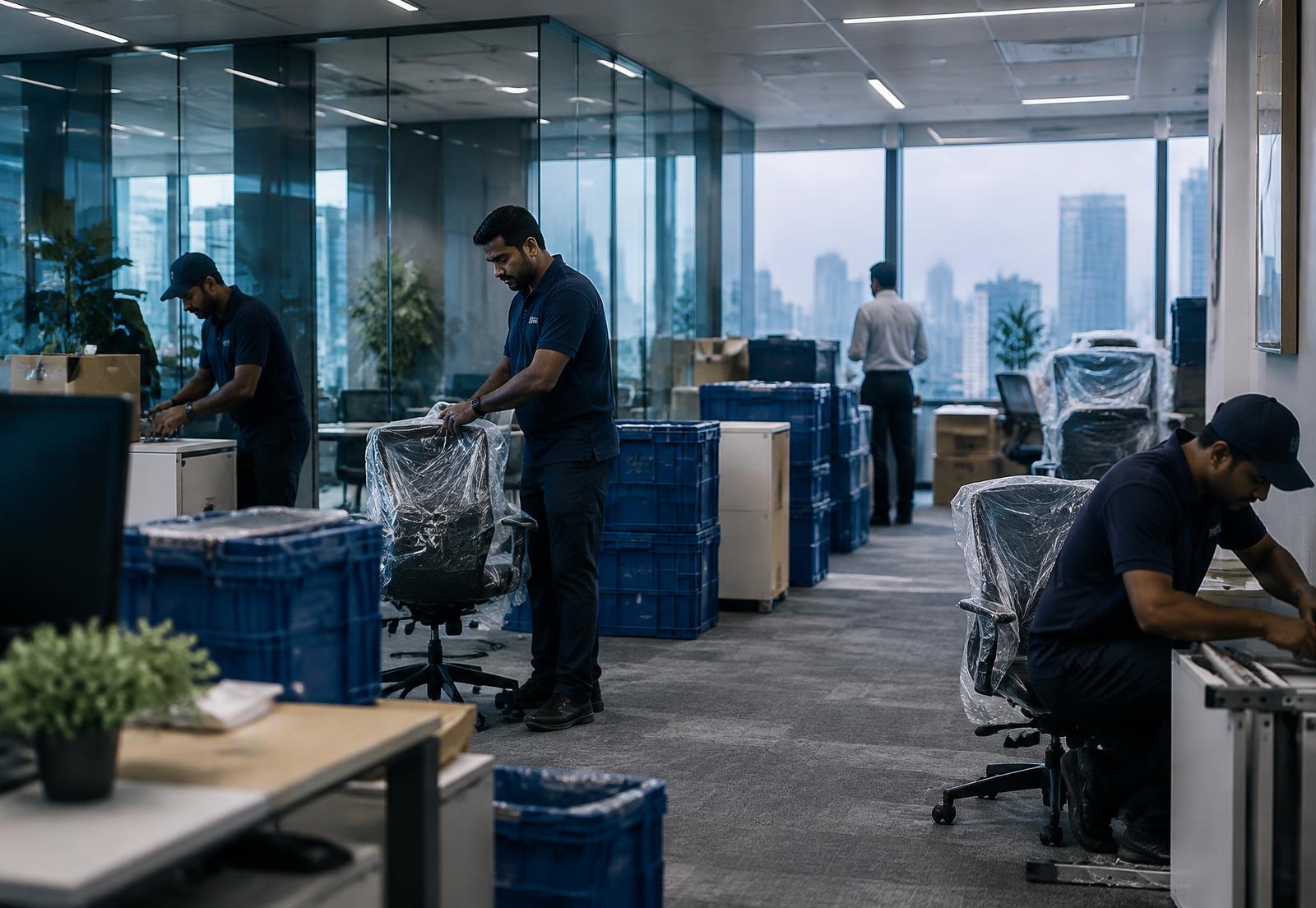 Office relocation crew packing workstations