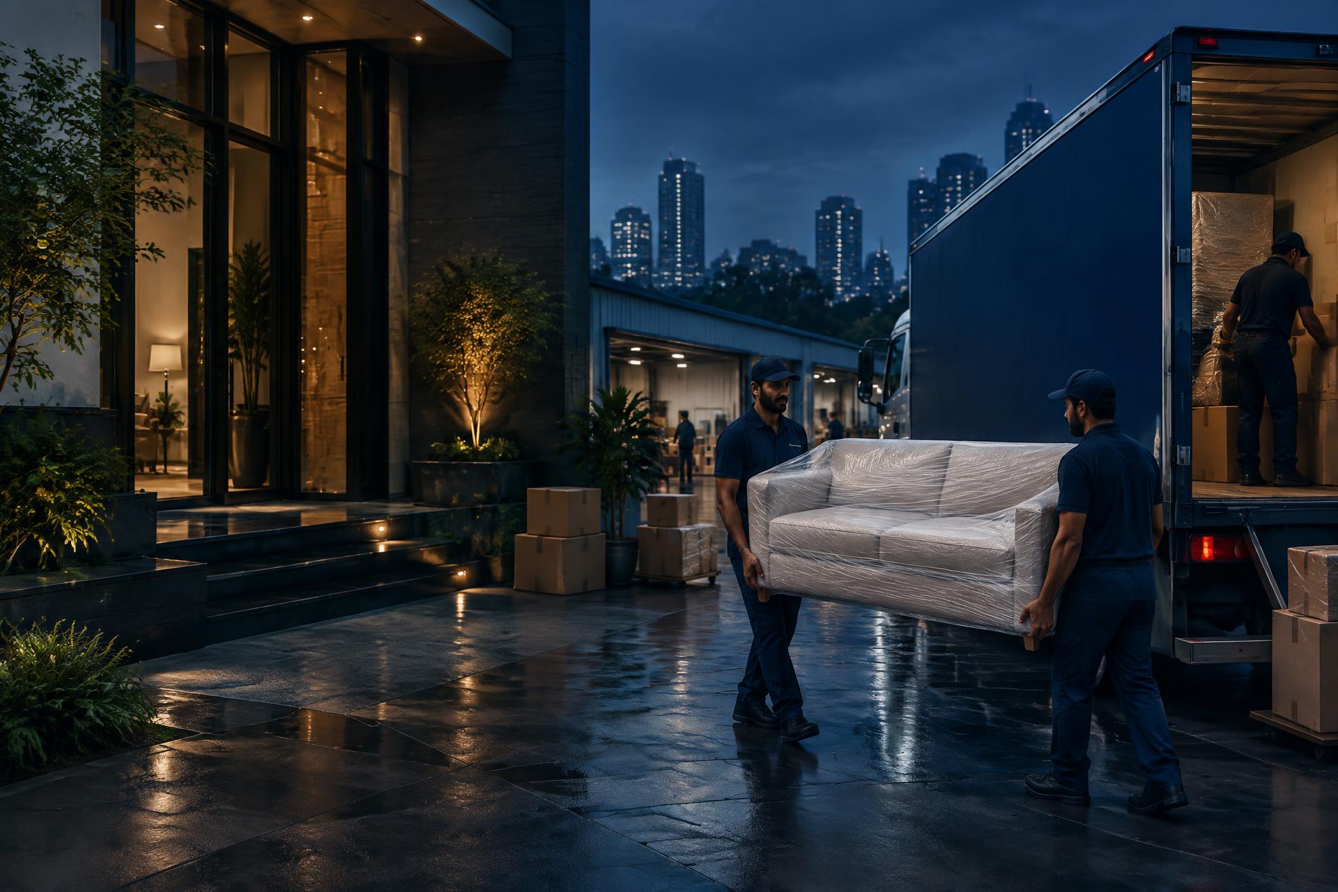 Professional movers carefully handling a wrapped sofa beside a moving truck at a modern home