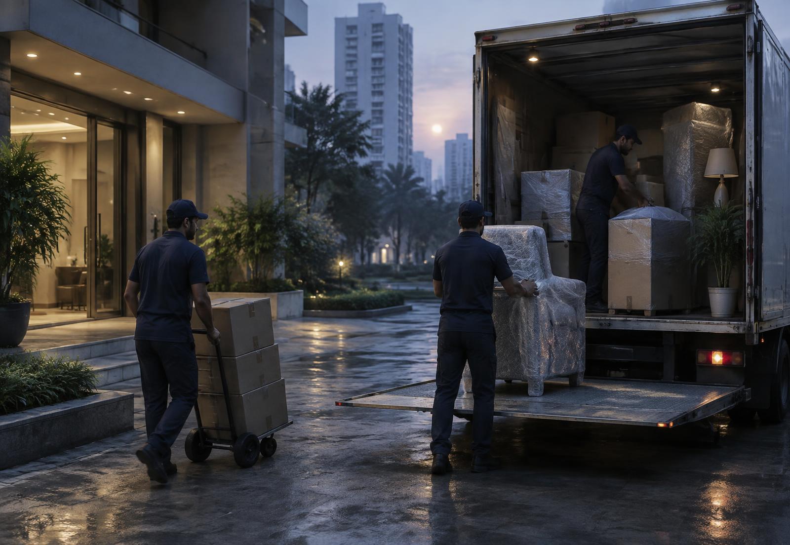 Movers loading wrapped furniture into a Home Route truck