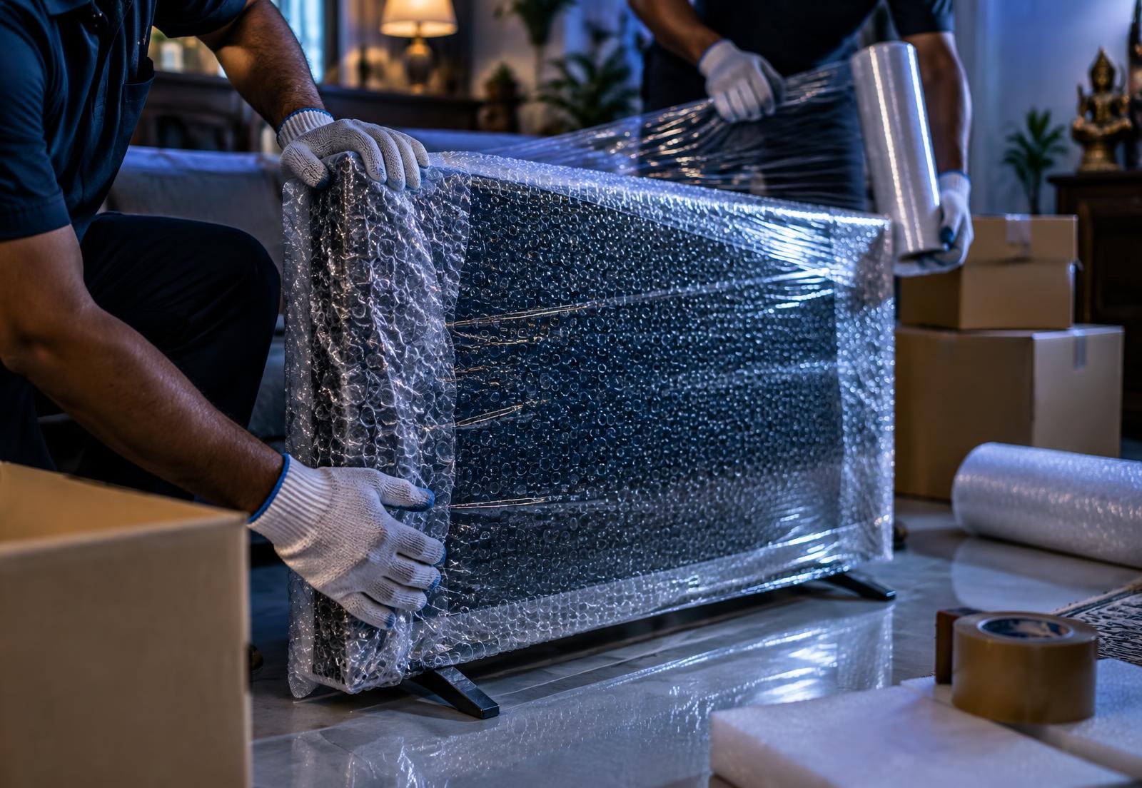 Close-up of a television being wrapped in bubble wrap before a move